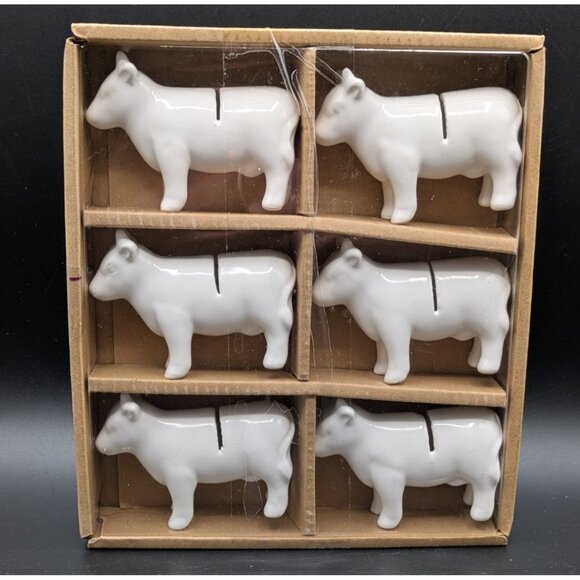 Ashland Marketplace Cow Place Card Photo Holders White Porcelain Set of 6 in Box - Picture 1 of 3